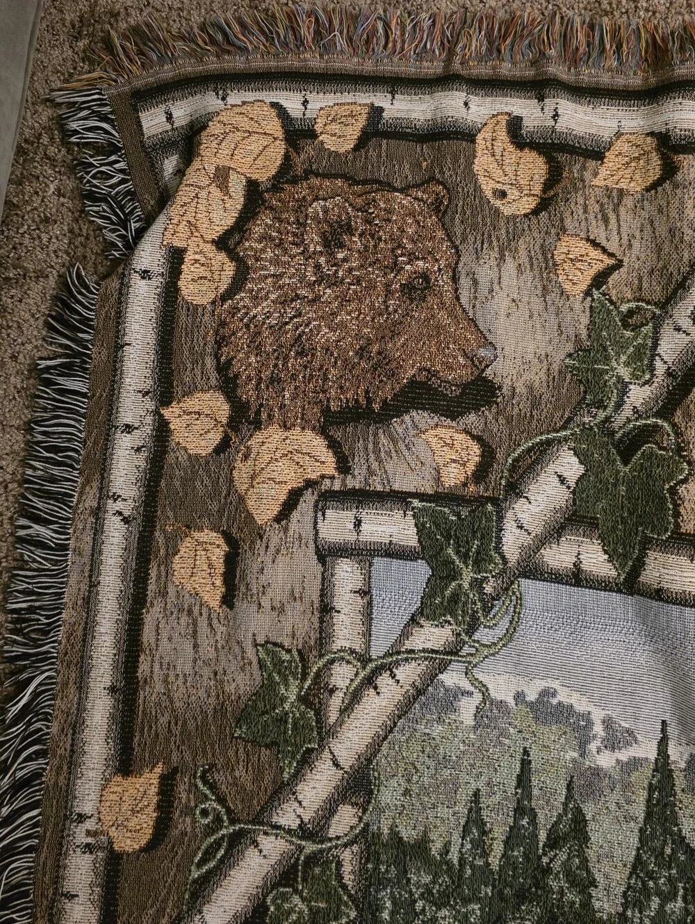 Vintage Log Cabin Throw Blanket With Fringe. Woods Birch Trees